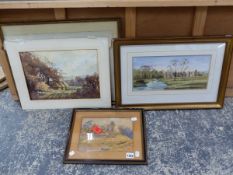 THREE 19th/20th C. LANDSCAPE WATERCOLOURS AND A FLORAL PRINT (3)