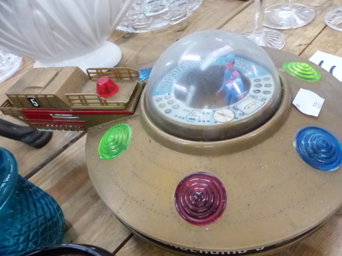 THUNDERBIRD AND OTHER TOYS TOGETHER WITH GLASS FAIRY LIGHT HOLDERS, COINS AND BEADS - Image 2 of 4