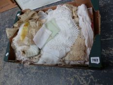 A BOX OF LACE AND LINENS.