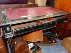 A VICTORIAN EBONISED AND BRASS INLAID WRITING TABLE. W 116 X D 63 X H 74CMS.