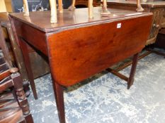 A 19TH C. MAHOGANY PEMBROKE TABLE ON SQUARE TABLE LEGS. W 94 X D 50 X H 72CMS.
