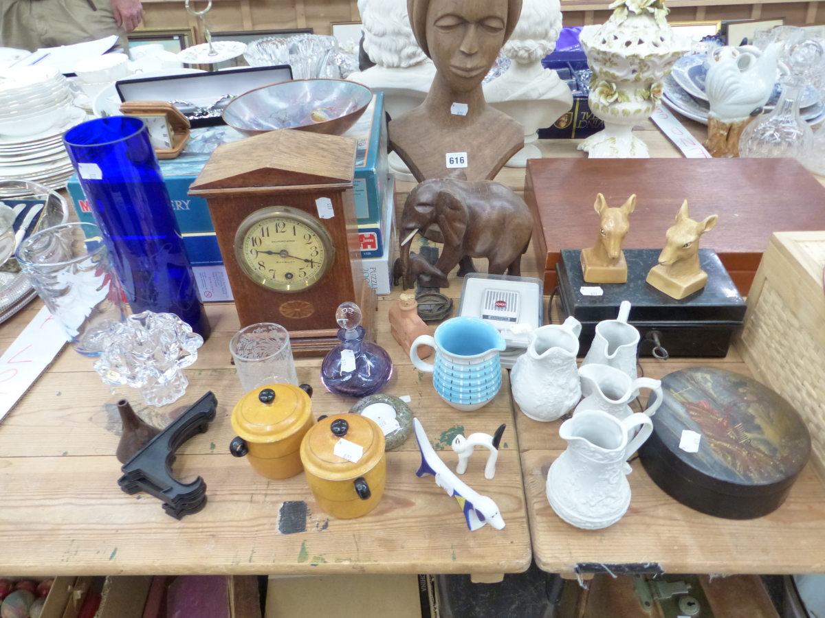 A WOODEN BUST, A CLOCK, JIGSAW PUZZLES TOGETHER WITH CERAMICS