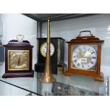 THREE VARIOUS CLOCKS TO INCLUDE ONE IN A BLACK SLATE CASE TOGETHER WITH A COPPER HUNTING HORN