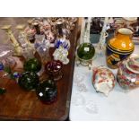 SATSUMA VASES, GERMAN AND CROWN DEVON CANDLESTICKS, BOHEMIAN AND OTHER GLASS TO INCLUDE FISHING