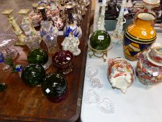 SATSUMA VASES, GERMAN AND CROWN DEVON CANDLESTICKS, BOHEMIAN AND OTHER GLASS TO INCLUDE FISHING