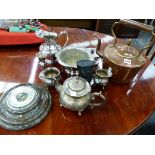 A VICTORIAN COPPER KETTLE, A SERPENTINE STONE CASED WALL BAROMETER AND VARIOUS PLATED WARES.