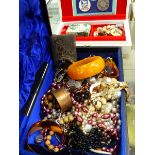 A COLLECTION OF COSTUME JEWELLERY AND TWO VINTAGE JEWELLERY CASES.