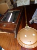 A SMALL STAINED PINE WALL UNIT AND A COPPER WARMING PAN.