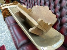 A RUSTIC WOODEN TRUG AND A HARDWOOD STOOL.