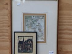 A FRAMED FAIRY PRINT AFTER ARTHUR RACKHAM, TOGETHER WITH A CONTINENTAL PENCIL SIGNED WOODCUT OF A