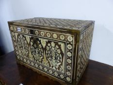 AN INDO-PORTUGUESE HARDWOOD BOX BONE INLAID WITH FLOWER HEADS AND QUATREFOILS, THE FALL FRONT WITH