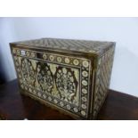 AN INDO-PORTUGUESE HARDWOOD BOX BONE INLAID WITH FLOWER HEADS AND QUATREFOILS, THE FALL FRONT WITH