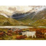 LATE 19th CENTURY ENGLISH NAIVE SCHOOL, CATTLE IN A HIGHLAND LANDSCAPE OIL ON CANVAS, INSCRIBED