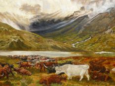 LATE 19th CENTURY ENGLISH NAIVE SCHOOL, CATTLE IN A HIGHLAND LANDSCAPE OIL ON CANVAS, INSCRIBED