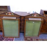 A PAIR OF VICTORIAN GLAZED OAK NOTICE BOARDS, VR AND A CROWN PAINTED WITHIN THE TRIANGULAR PEDIMENTS