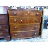 A VICTORIAN MAHOGANY BOW FRONT CHEST OF DRAWERS.