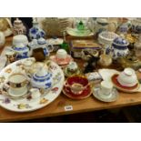 CHINA WARES TO INCLUDE PORT MEIRION, BLUE AND WHITE WARE, AYNSLEY, A BRASS CENSER, ETC