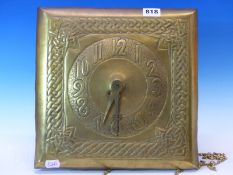 AN ARTS AND CRAFTS BRASS FACED WALL CLOCK, THE MOVEMENT CHIMING ON THREE RODS, THE BRASS SQUARE DIAL