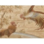 AN ORIENTAL SILK WORK PICTURE OF FIGHTING COCKS. 56 x 46cms. TOGETHER WITH AN ANTIQUE WORLD MAP