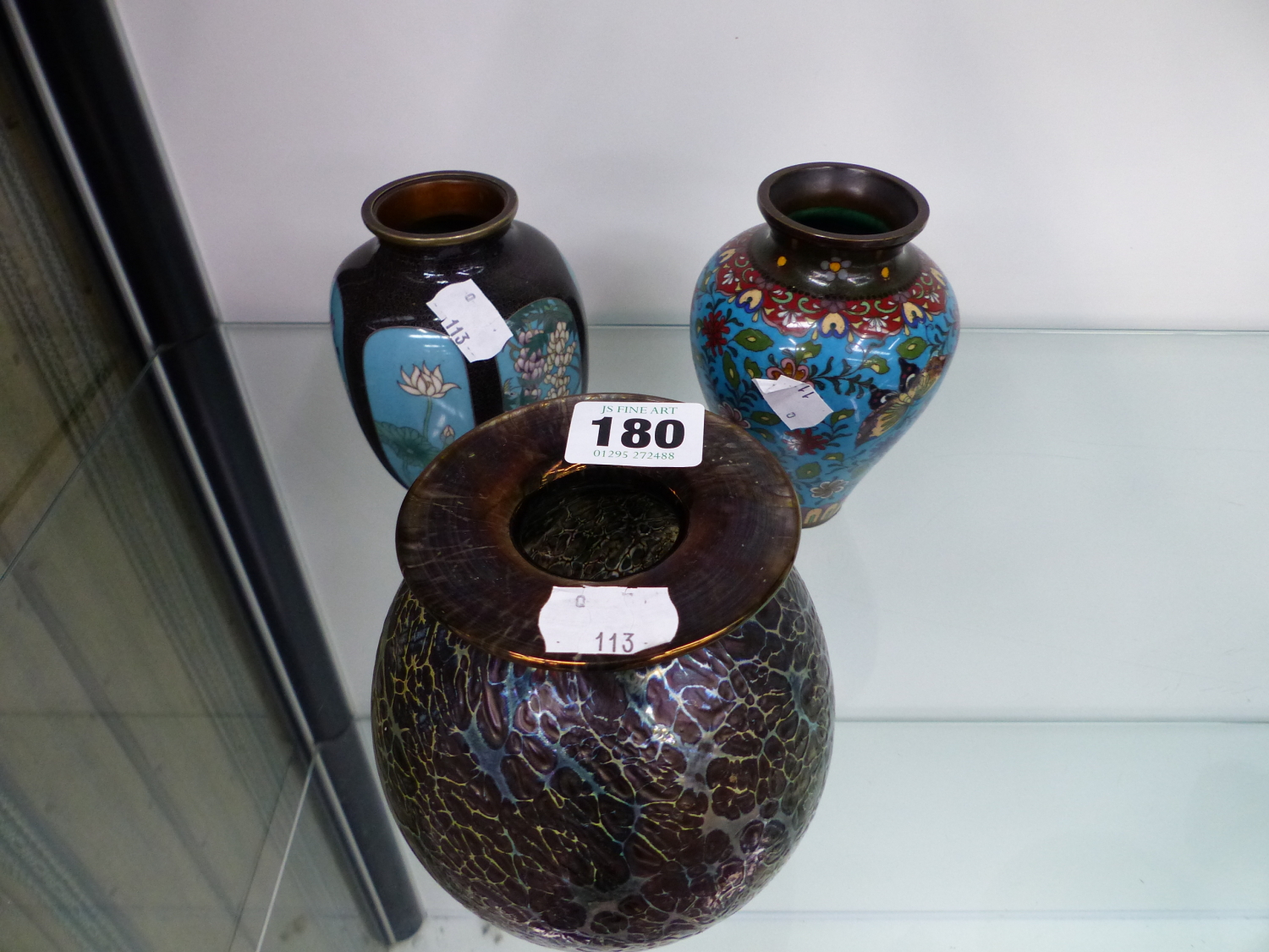 TWO CLOISONNE VASES AND A LUSTRE GLASS VASE