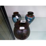 TWO CLOISONNE VASES AND A LUSTRE GLASS VASE