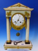 RICHARD, PARIS, AN EARLY 19th C. ORMOLU MOUNTED WHITE MARBLE PORTICO CLOCK, THE SILK SUSPENDED