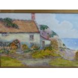 19th/20th CENTURY ENGLISH SCHOOL, A SEASIDE COTTAGE, SIGNED INDISTINCTLY WATERCOLOUR 25 x 35cms