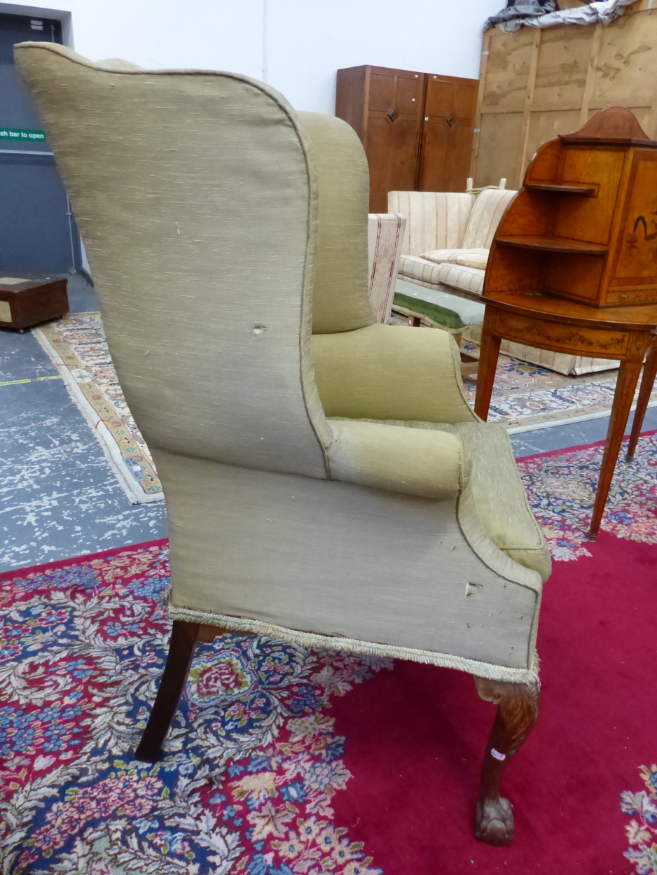 A 19th C. WING ARMCHAIR UPHOLSTERED IN OLIVE GREEN, THE CABRIOLE FRONT LEGS CARVED WITH LEAVES AT - Image 5 of 13