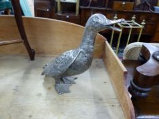 A LARGE SILVER PLATED DUCK FIGURE ORNAMENT.