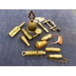 A QUANTITY OF BRASS SEWING ACCOUTREMENTS, WHISTLES, A STAMP PRESS ETC