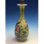 A CHINESE GREEN GROUND BALUSTER VASE AS A LAMP, THE BODY PAINTED WITH A MAGPIE AMONGST FLOWERS IN