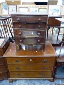 AN EDWARDIAN INLAID THREE DRAWER CHEST AND AN ANTIQUE SMALL BOW FRONT CHEST.