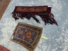 AN ANTIQUE CAUCASIAN MAT TOGETHER WITH A TURKOMAN CAMEL TRAPPING (2)