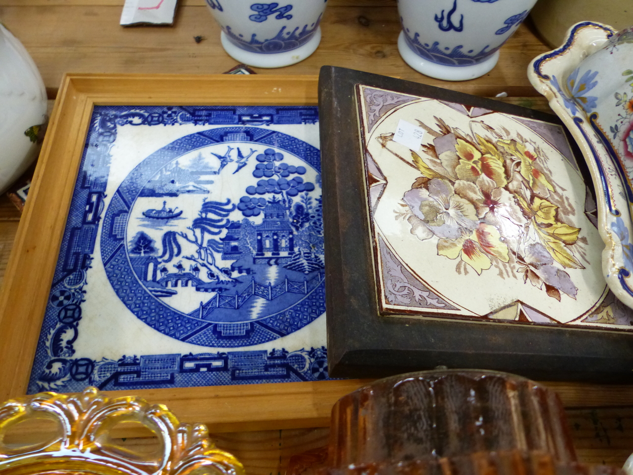 A SMALL COLLECTION OF VICTORIAN TILES, A VICTORIAN NURSERY CUP, AND VARIOUS IRON STONE DINNER - Image 2 of 3