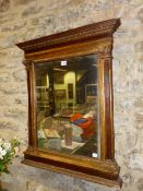 A 19th C. ITALIAN RECTANGULAR MIRROR, THE GILT BEADED BEZEL ENCLOSED BY RED GROUND PILASTERS BEARING