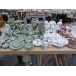 A QUANTITY OF GREEN JASPER WARE WEDGWOOD, AYNSLEY COTTAGE GARDEN VASES, DISHES ETC, AND A QUANTITY