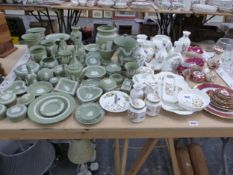 A QUANTITY OF GREEN JASPER WARE WEDGWOOD, AYNSLEY COTTAGE GARDEN VASES, DISHES ETC, AND A QUANTITY