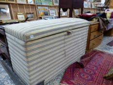 A VERY LARGE UPHOLSTERED PINE BLANKET BOX. H82 X W 137 X D 58cms