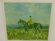 A LIMITED EDITION SIGNED COLOUR PRINT AFTER A.J MUNNINGS, "THE PYTCHLEY HUNTSMAN" 66 x 74cms