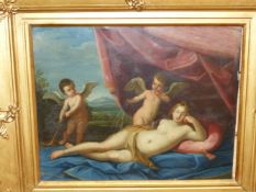 OLD MASTER SCHOOL A RECLINING MAIDEN BEING OBSERVED BY WINGED PUTTI, OIL ON COPPER PANEL 3305 x