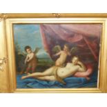 OLD MASTER SCHOOL A RECLINING MAIDEN BEING OBSERVED BY WINGED PUTTI, OIL ON COPPER PANEL 3305 x