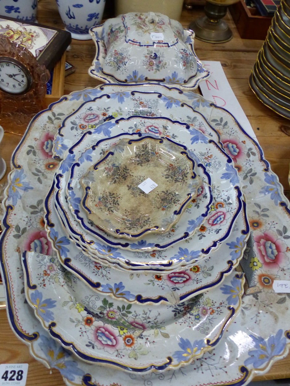 A SMALL COLLECTION OF VICTORIAN TILES, A VICTORIAN NURSERY CUP, AND VARIOUS IRON STONE DINNER