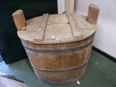 A GALVANISED METAL COOPERED TUB, POSSIBLY SCANDINAVIAN, TWO HOLES PIERCED IN THE LUG HANDLES TO TAKE