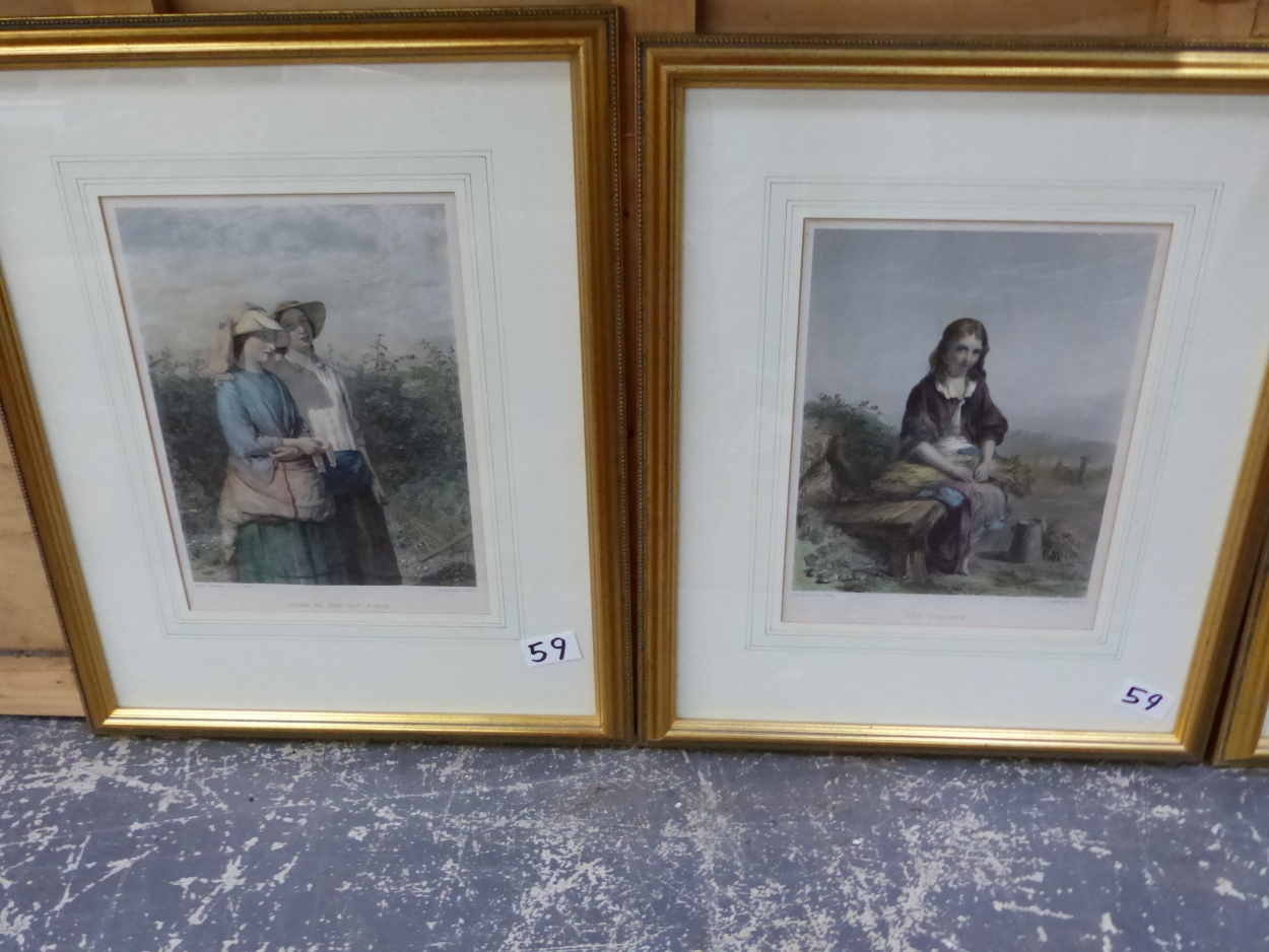 FOUR GILT FRAMED HAND COLOURED PRINTS OF VICTORIAN FIGURAL SUBJECTS. SIZES VARY (4) - Image 5 of 6