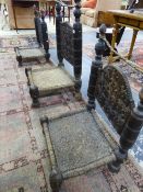 THREE RAJASTHANI PIDA CHAIRS, BOTH WITH FLORAL CARVED BACKS AND THE LOW SEATS OF WOVEN LEATHER