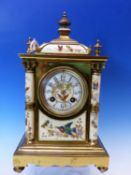 A GILT METAL AND PORCELAIN CASED JAPY FRERES MANTEL CLOCK STRIKING ON A COILED ROD, THE COLUMNS