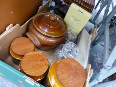 RETRO KITCHEN CANISTERS, A CARVED WATER BUFFALO, A PEARSONS POTTERY DISH, GLASS CANISTERS ETC