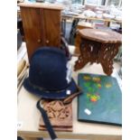 A VINTAGE POST CARD ALBUM, A CARVED WOOD AND INLAID SMALL TRIPOD TABLE, A WOODEN JEWELLERY BOX AND