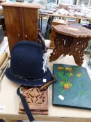 A VINTAGE POST CARD ALBUM, A CARVED WOOD AND INLAID SMALL TRIPOD TABLE, A WOODEN JEWELLERY BOX AND