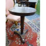 A 19th C. ROSEWOOD WINE TABLE WITH THE CIRCULAR TOP SUPPORTED ON AN HEXAGONAL COLUMN TAPERING TO A